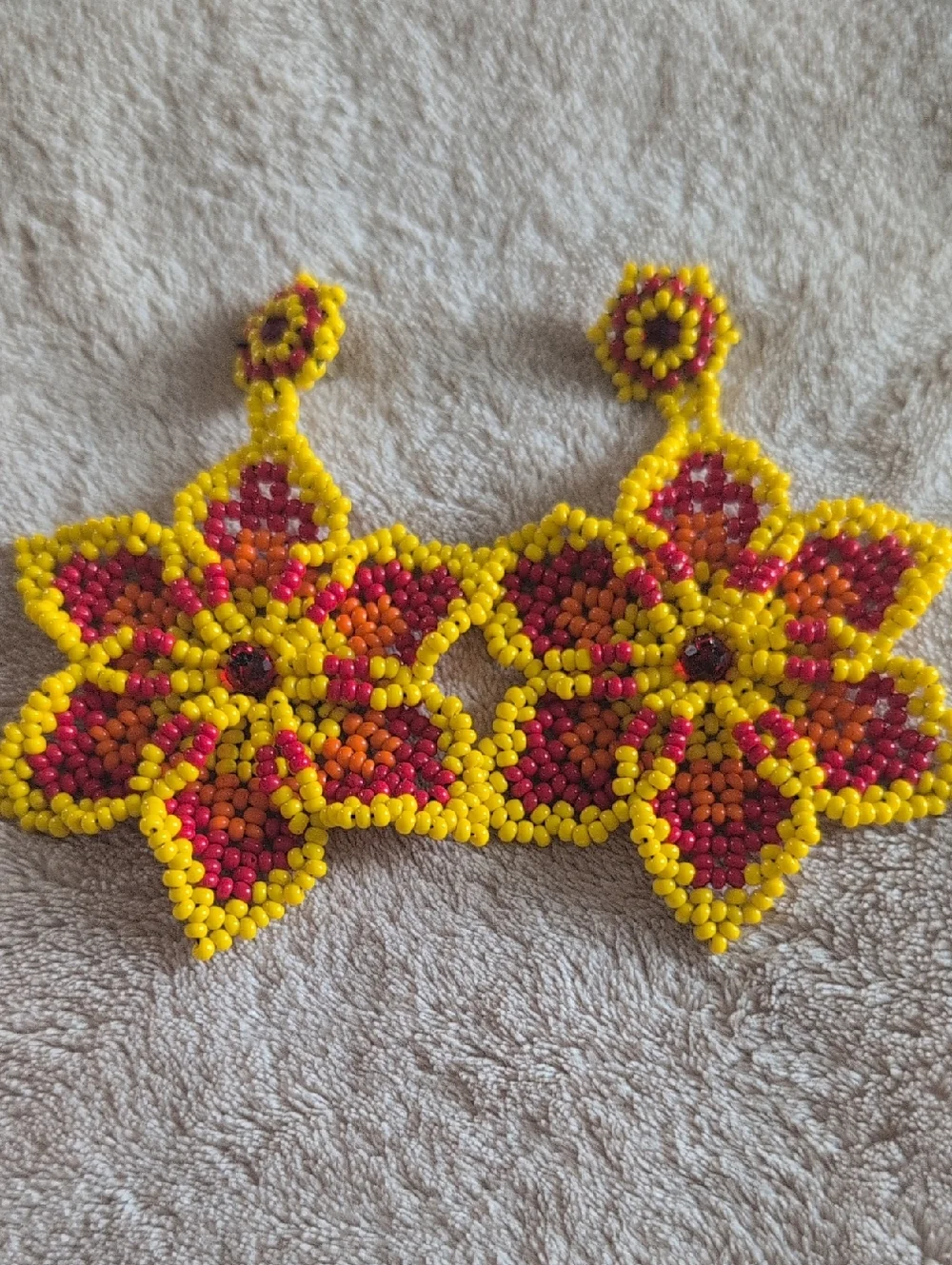 Handmade Yellow, Red & Orange Beaded Floral Statement Earrings